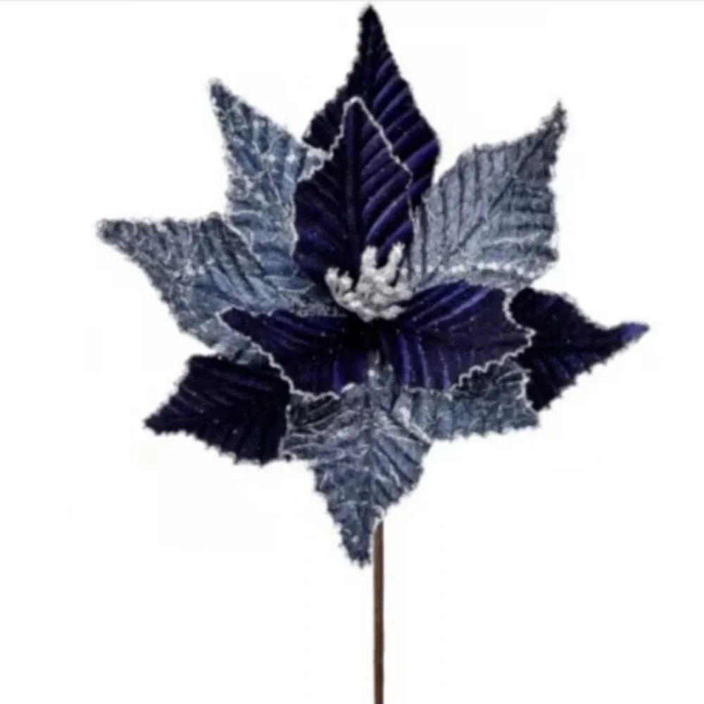 Winters Night Navy Blue and Silver Poinsettia Stem Christmas Accent Decor